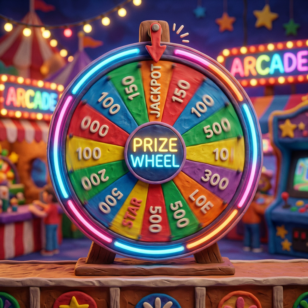 Prize wheel with colorful segments and neon lights at an arcade booth