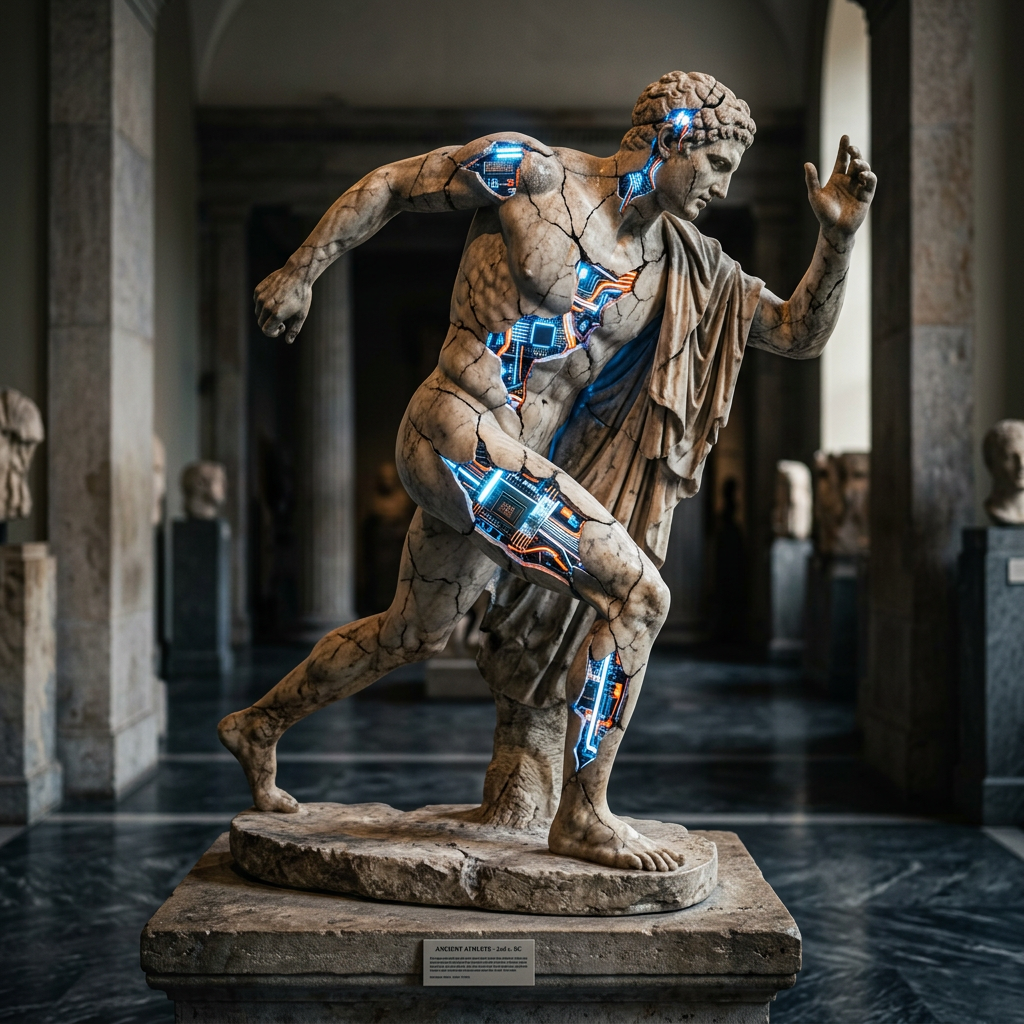 Marble statue of a running male figure with cracks revealing glowing blue and orange cybernetic circuits beneath.