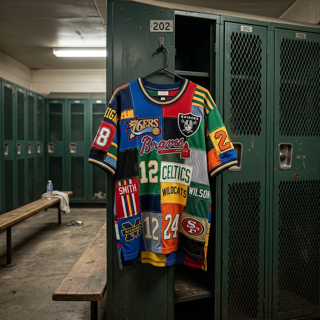 Patchwork sports jersey with multiple team logos hanging on locker door