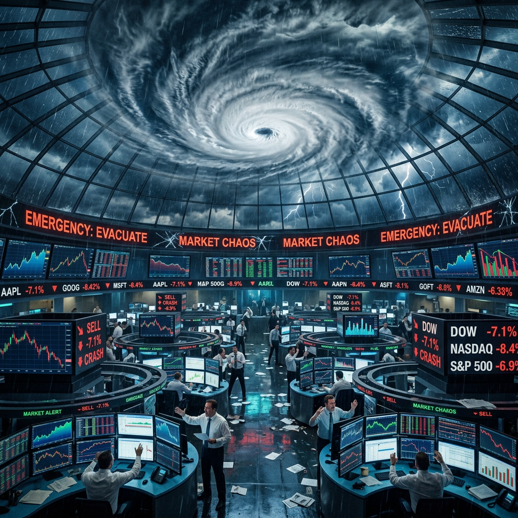 Stock market trading floor with multiple monitors showing market crashes and emergency alerts under stormy vortex sky