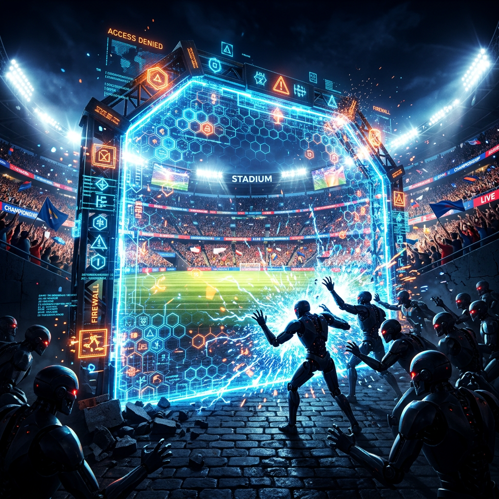 Robots attacking a large digital firewall protecting a stadium