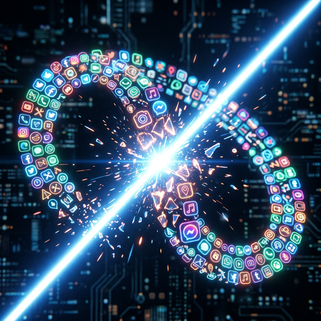 Infinity symbol formed by social media app icons breaking apart with bright light beam
