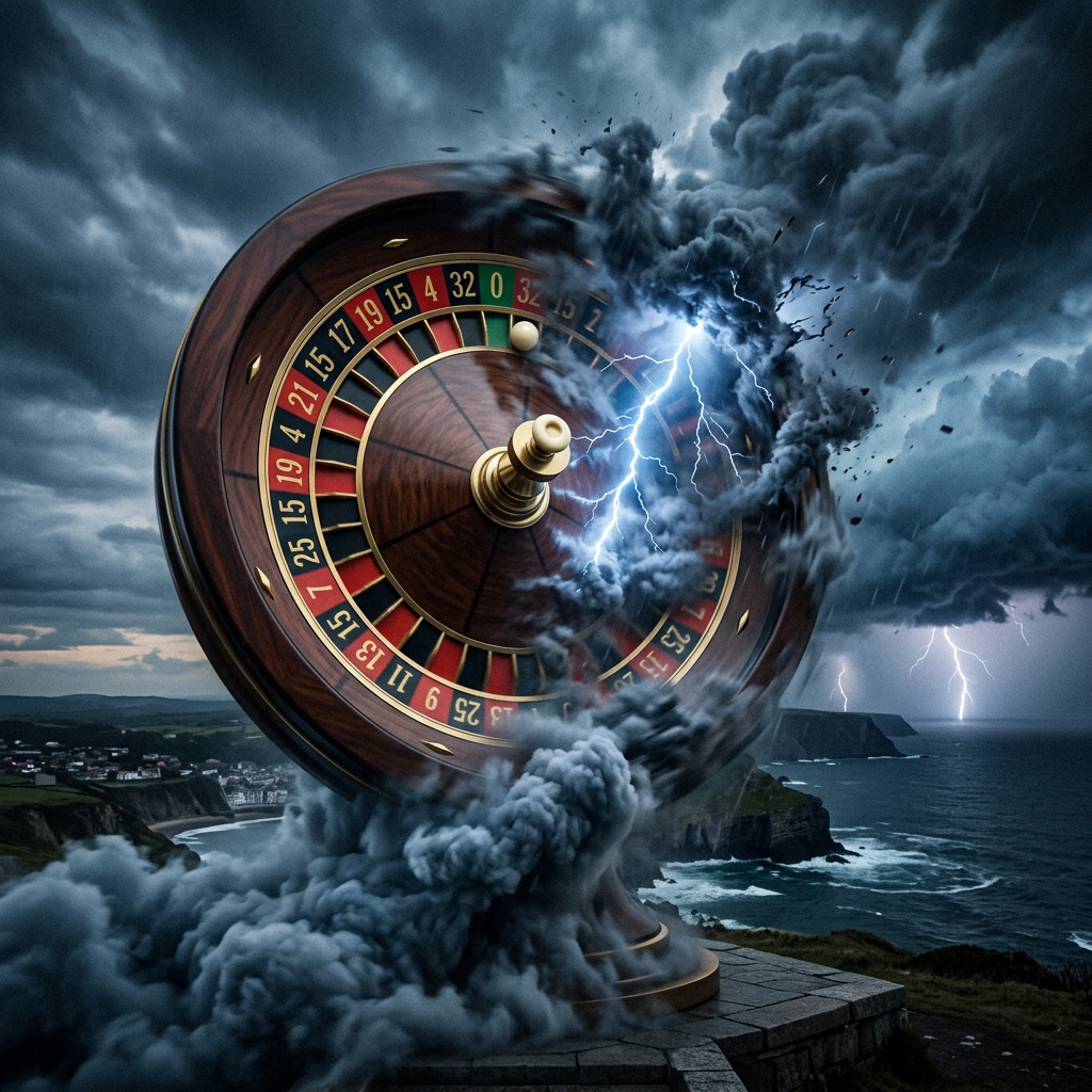 Roulette wheel with swirling smoke and lightning strike on a stormy coastline