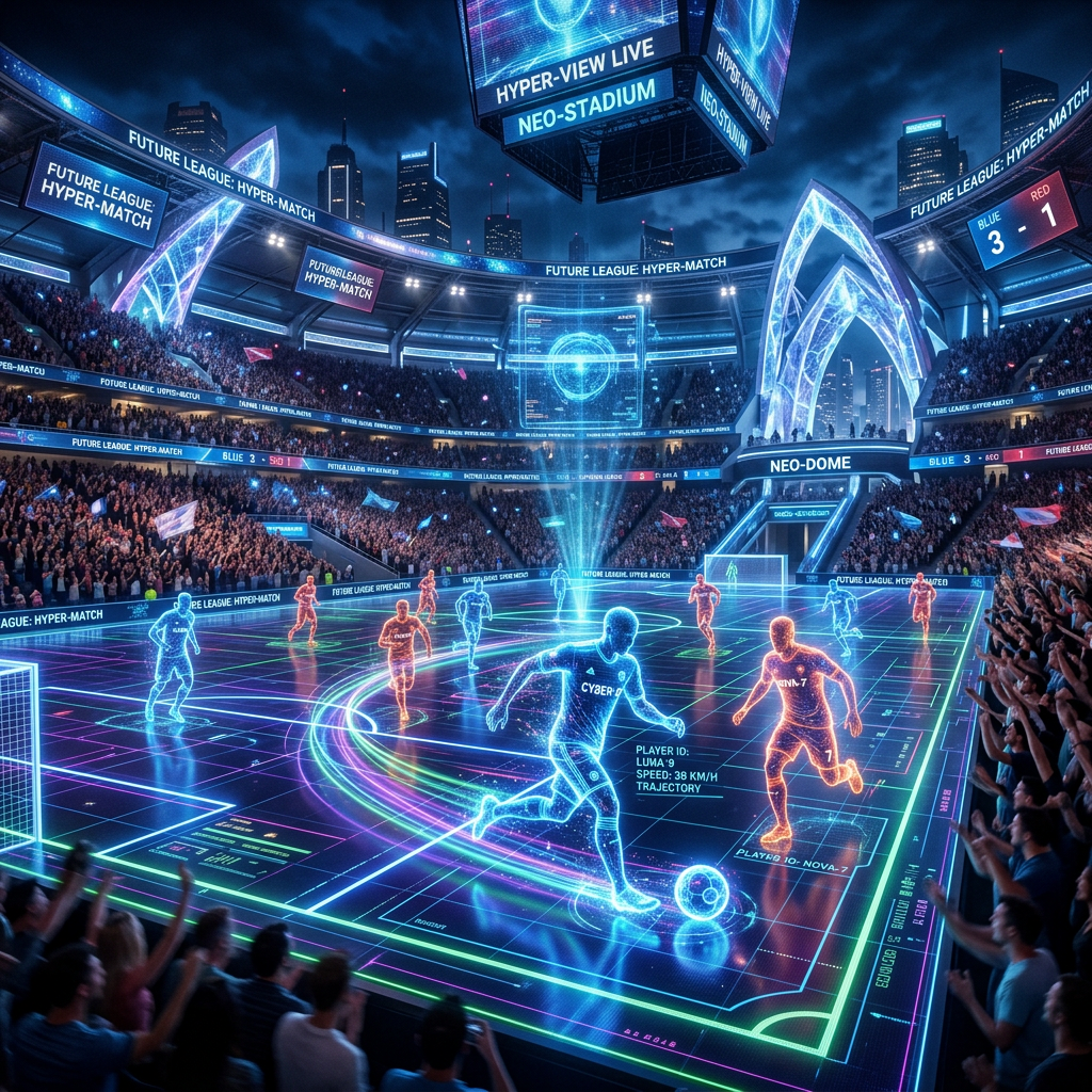 Futuristic soccer match with holographic players and digital scoreboard in a crowded stadium