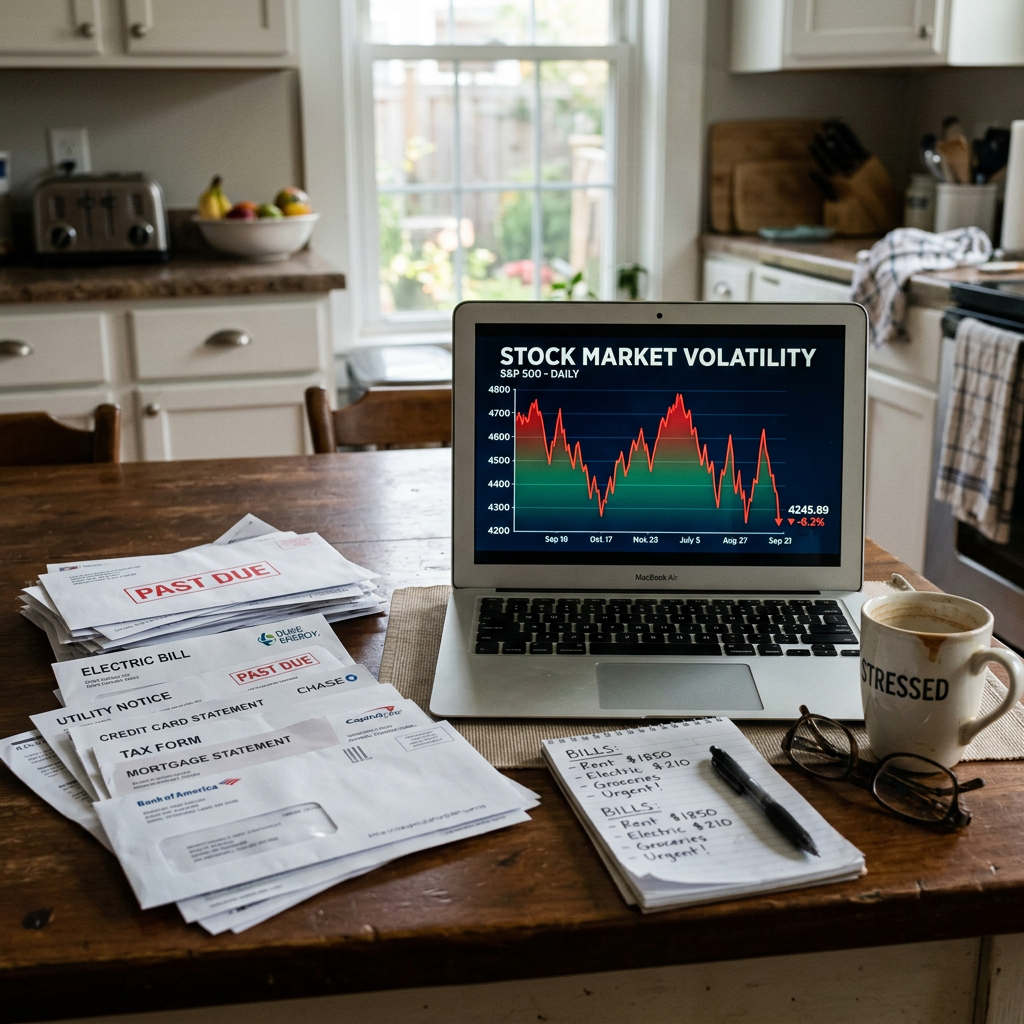 Overdue bills on a table beside a laptop showing stock market volatility chart