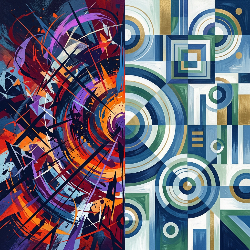Abstract artwork divided into two halves, one with chaotic fiery swirls in red, orange and purple, the other with calm geometric circles and squares in blue, green, and gold tones.