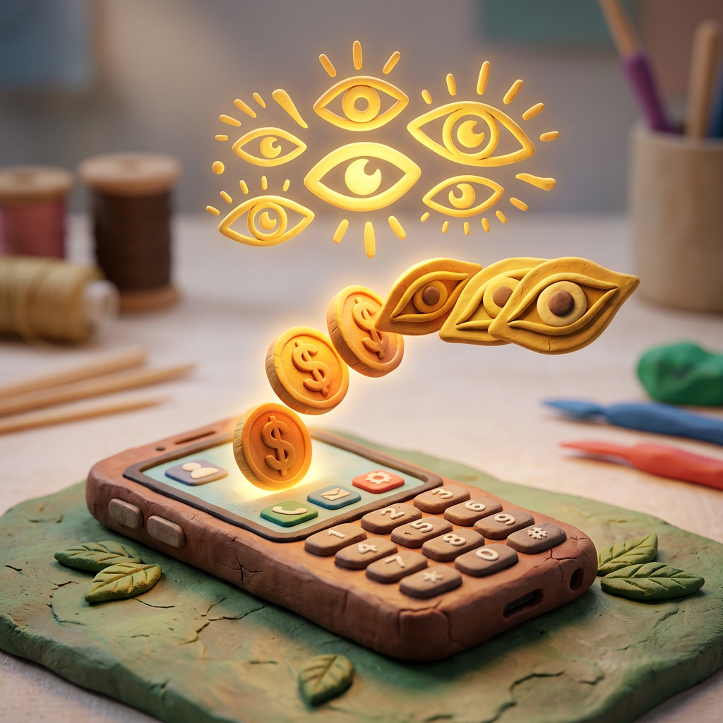 Clay model of smartphone with floating dollar coins and eyes symbolizing data privacy and cost