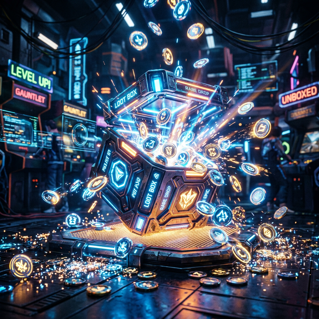 Futuristic loot box labeled 'rare drop' exploding with glowing coins and digital effects