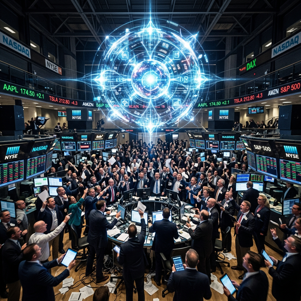 Crowded stock market trading floor with digital financial hologram overlay