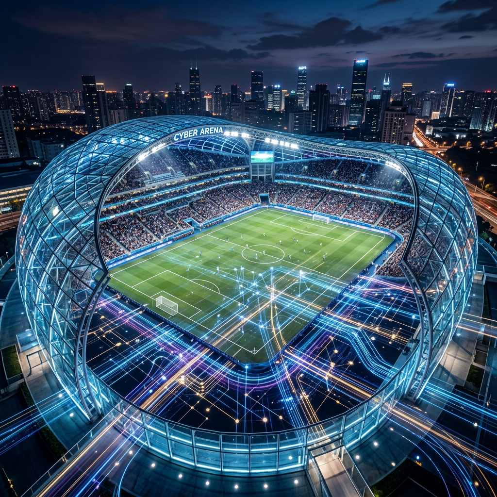Modern soccer stadium named Cyber Arena with digital network overlays and city skyline at night