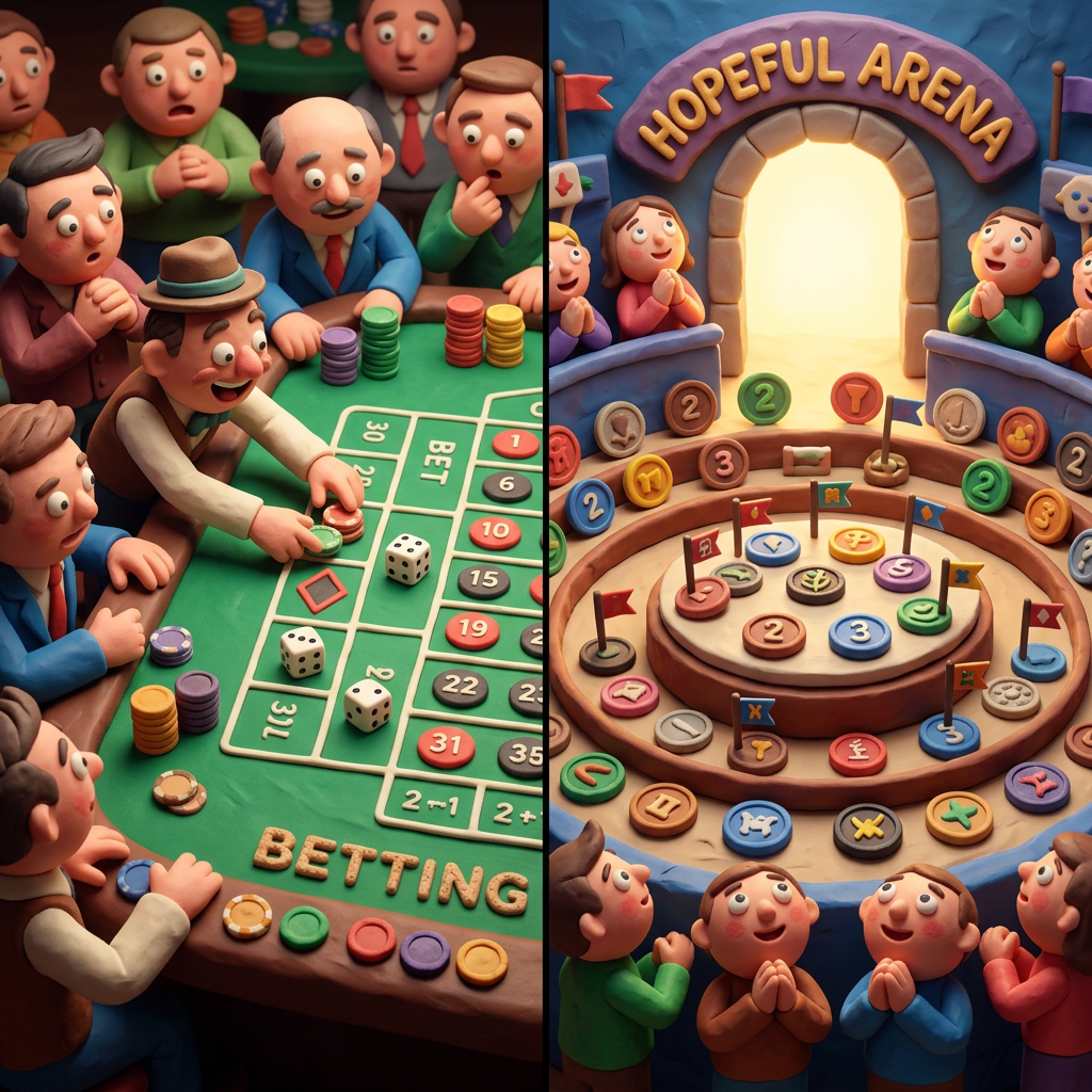 People placing bets at casino table and crowd watching at Hopeful Arena
