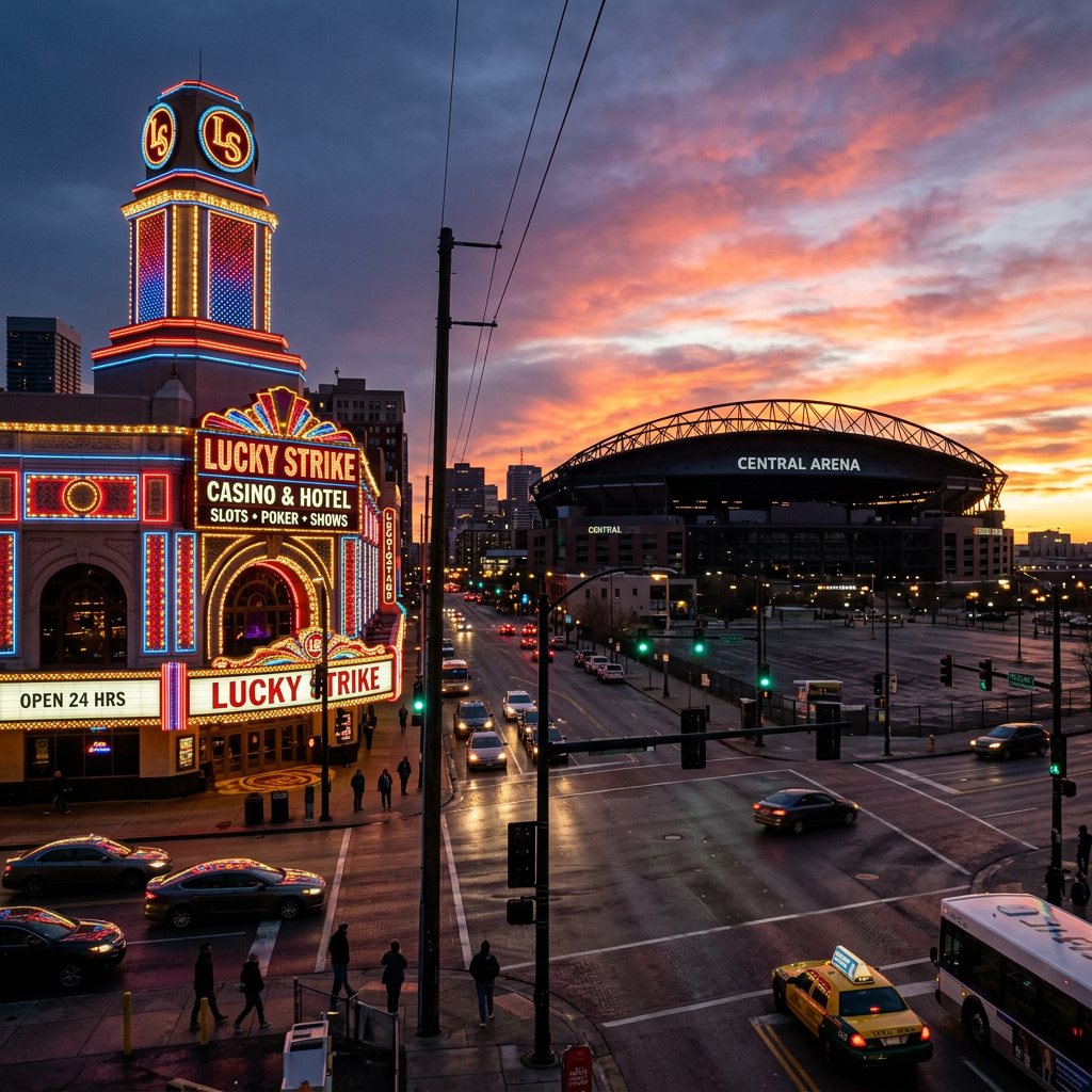 Lit-up Lucky Strike Casino & Hotel building beside Central Arena at sunset with city traffic and pedestrians