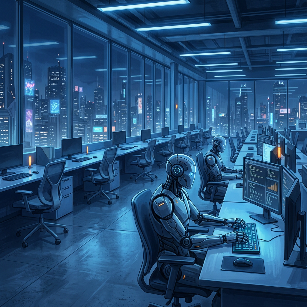 Robots typing on keyboards in a modern office with city skyline at night