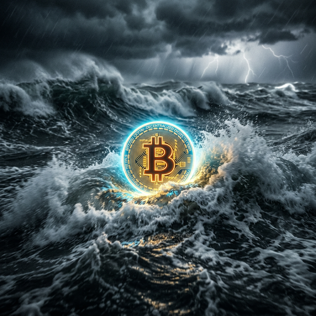 Glowing Bitcoin symbol emerging from turbulent ocean waves during a storm with lightning