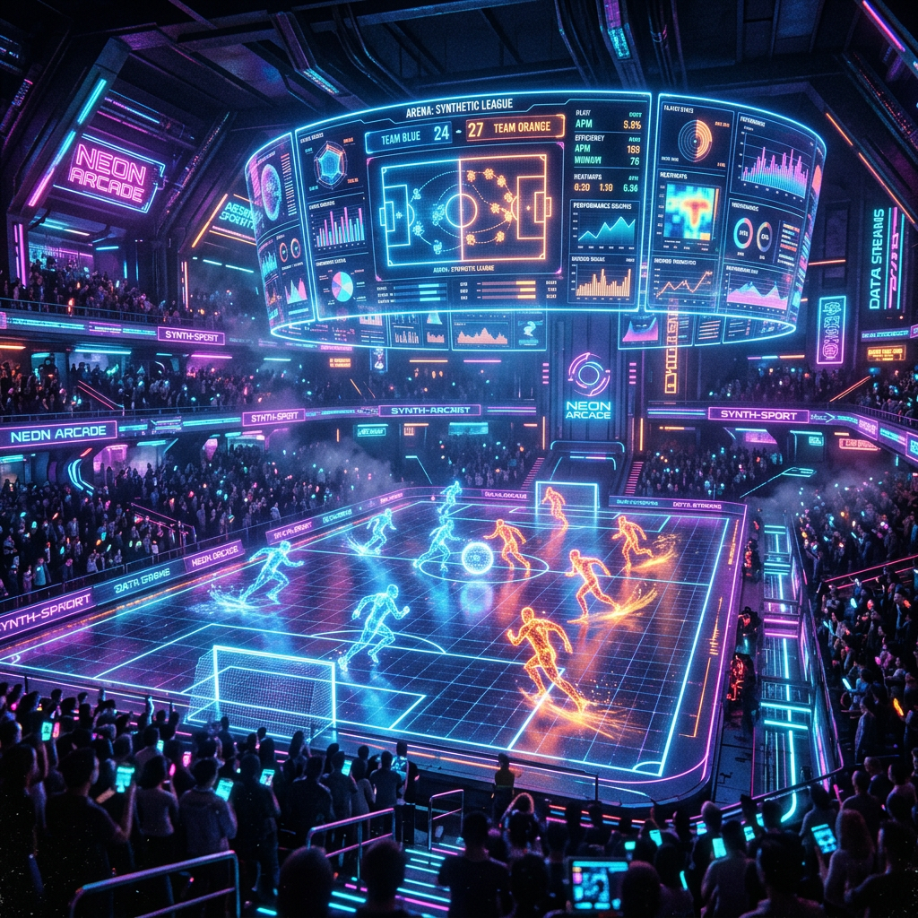 Neon arena with holographic soccer players and large digital screens displaying game stats and scores