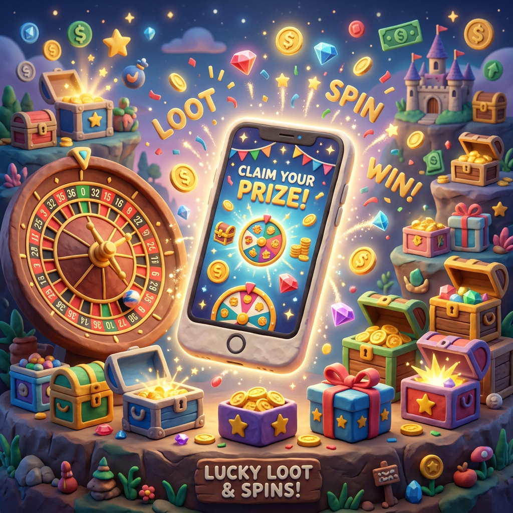 Mobile phone screen showing 'Claim Your Prize' with spinning wheel, casino roulette, treasure chests with coins and gems