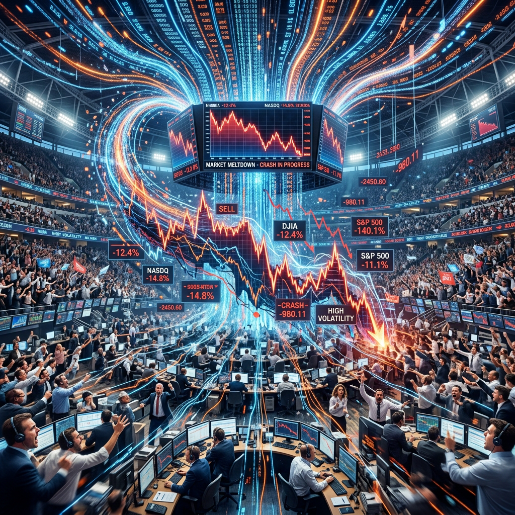 Traders in a large stock exchange with down trending stock charts and crash alerts