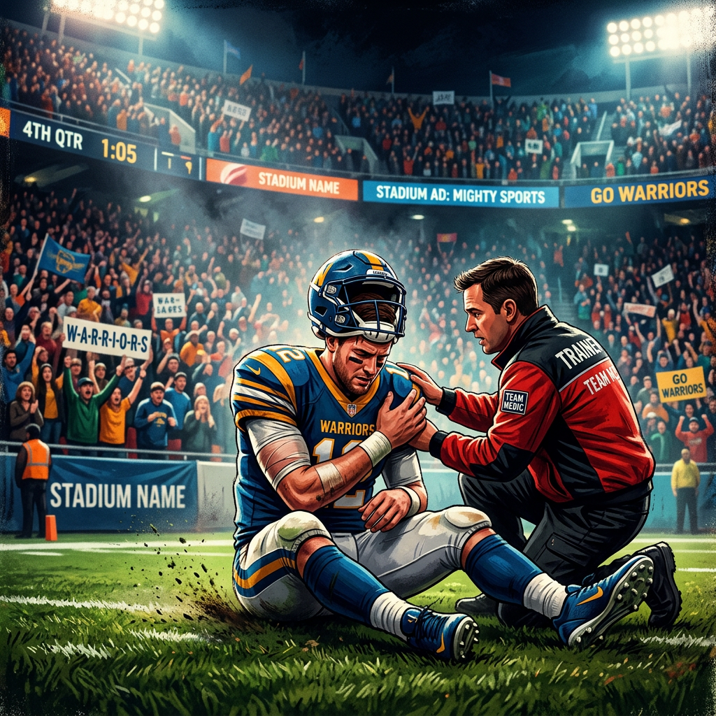Football player sitting on field holding shoulder with trainer attending him