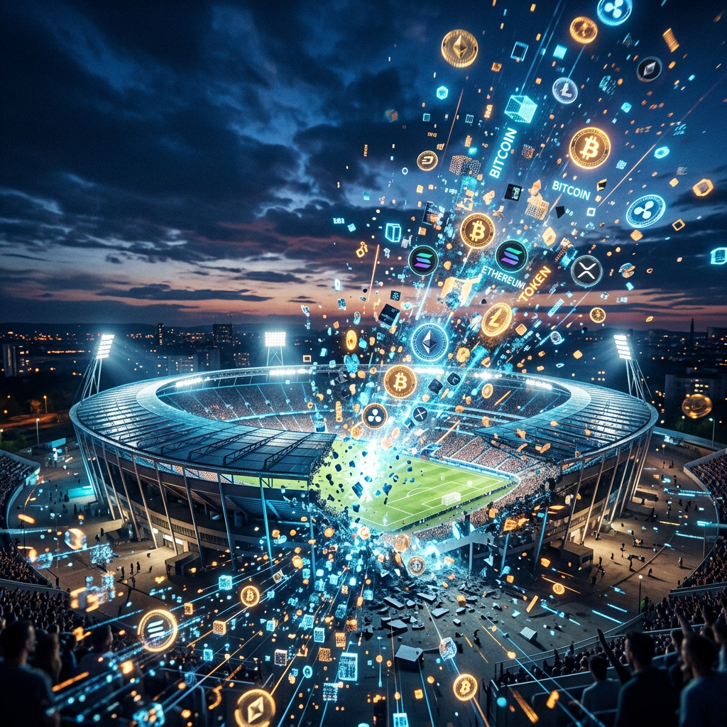 Soccer stadium with digital cryptocurrency symbols like Bitcoin and Ethereum emerging above it at dusk