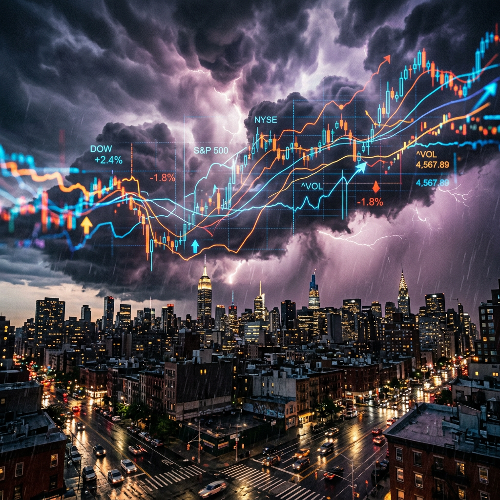 City skyline at night with storm clouds and overlaid stock market charts and data