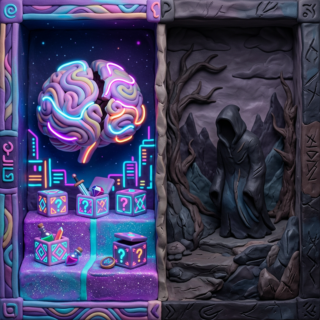 Neon-lit brain floating above glowing boxes next to a dark cloaked figure among barren trees and rocks