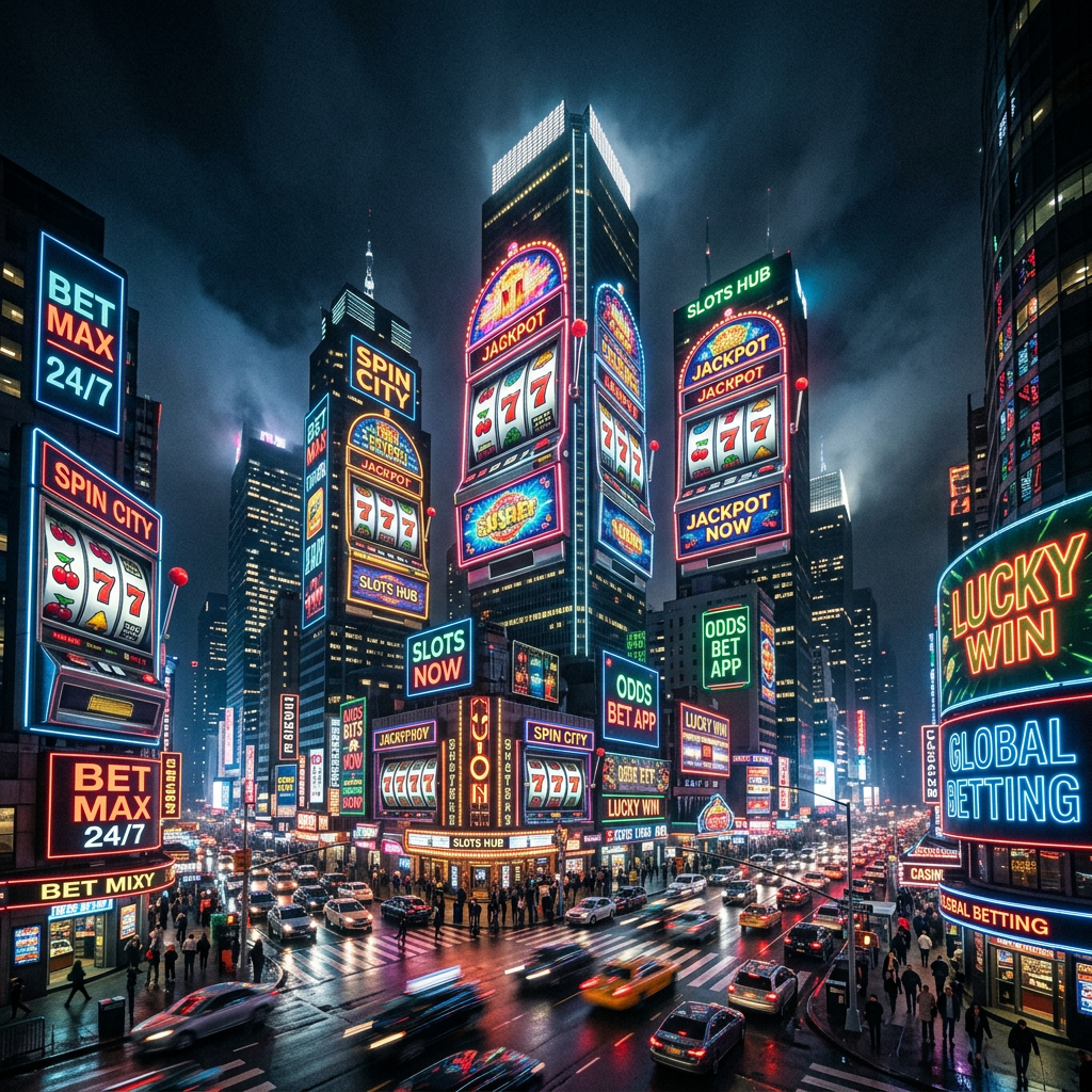 City street at night crowded with cars and pedestrians surrounded by bright slot machine and betting advertisements on skyscrapers