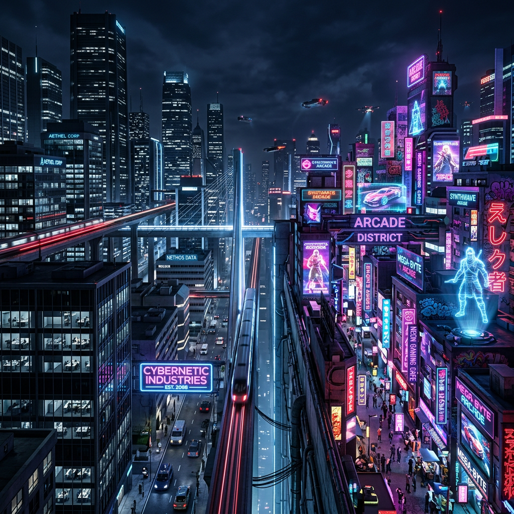 Night city skyline with neon arcade district, flying cars, and futuristic skyscrapers