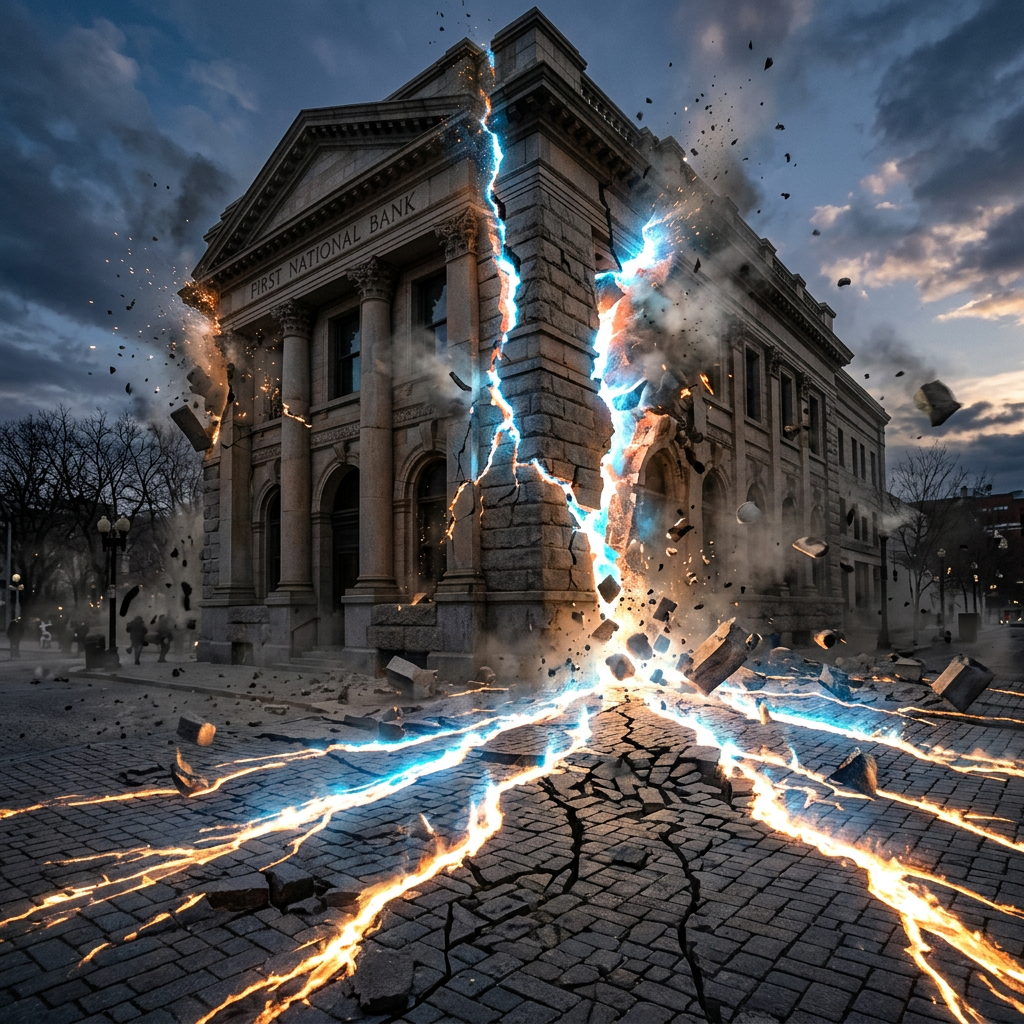 First National Bank building cracking and exploding with glowing blue and orange energy lines