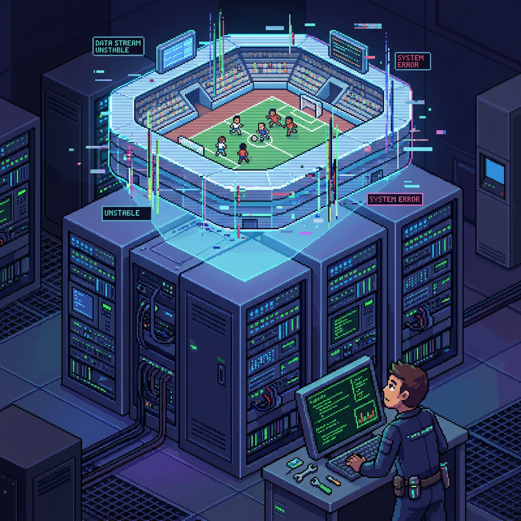 Technician at computer monitoring virtual soccer stadium with data stream errors and system errors
