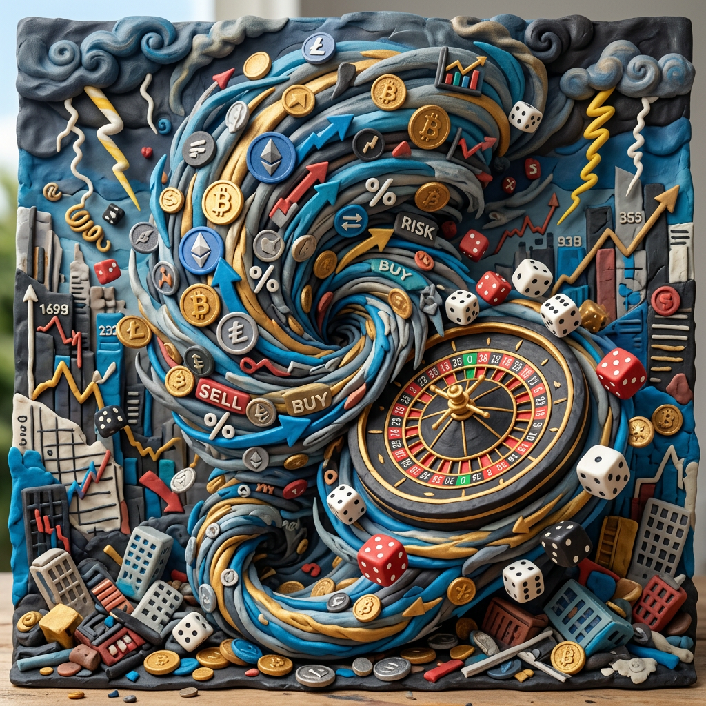 Vortex with cryptocurrency icons, coins, dice, stock chart arrows, and roulette wheel representing market volatility and risk