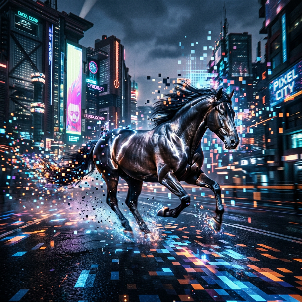 Black horse composed of glowing digital pixels running through a futuristic neon city street at night