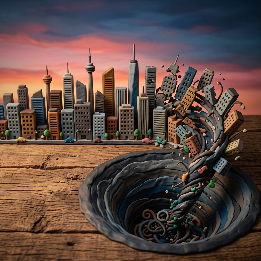 Clay city buildings twisting and falling into a spiral vortex on wooden surface