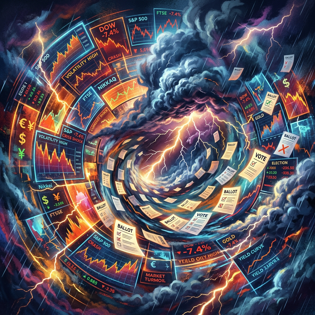 Swirling storm with falling stock market charts and election ballots amidst lightning