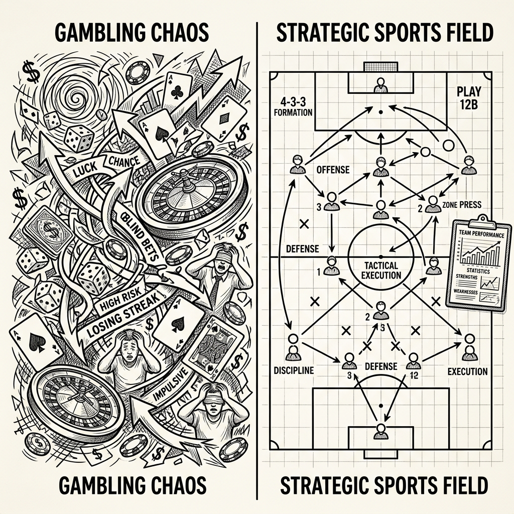 Left side chaotic gambling scene with cards, roulette, dice; right side strategic sports field with player positions and tactics