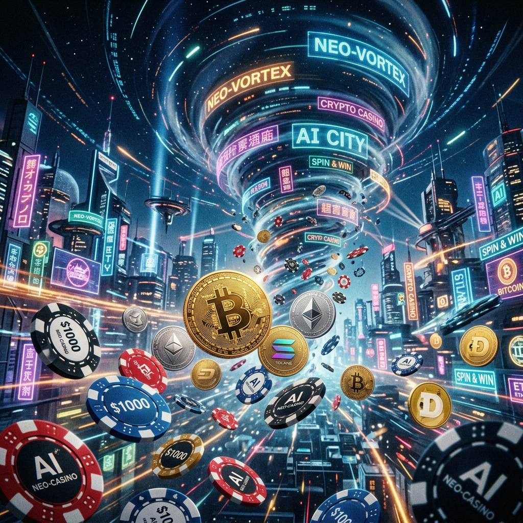Casino chips and cryptocurrency coins swirling inside a futuristic neon city vortex