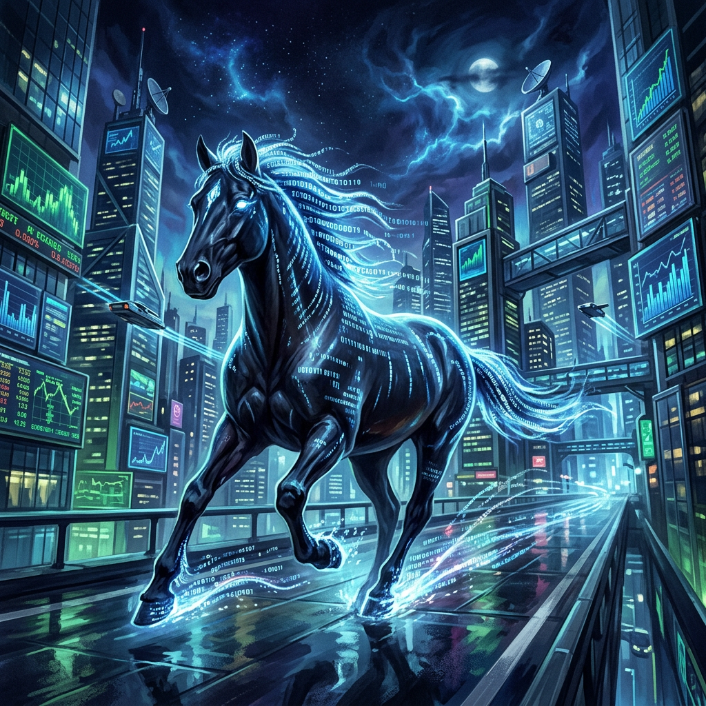 A black digital horse with glowing blue binary code running through its mane and body in a high-tech city at night