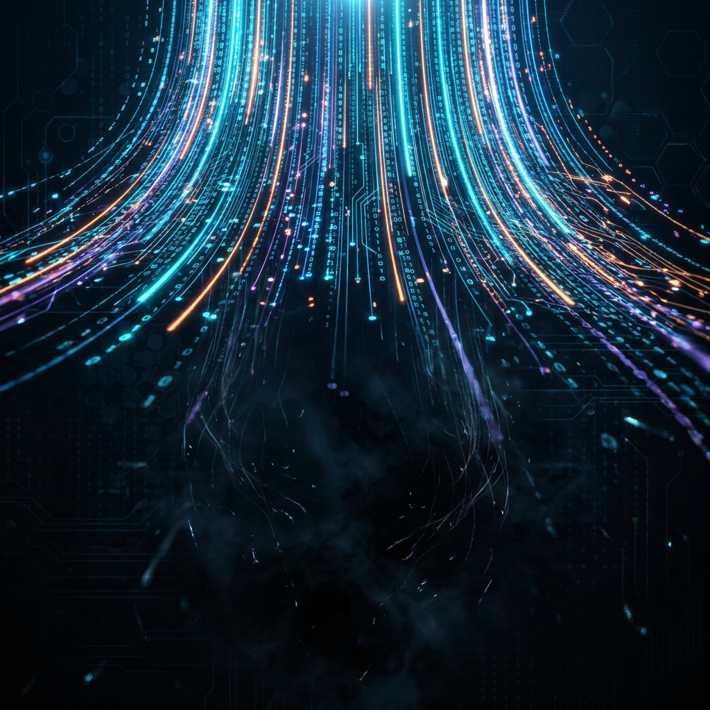 Curved streams of blue, purple, and orange binary codes flowing downward
