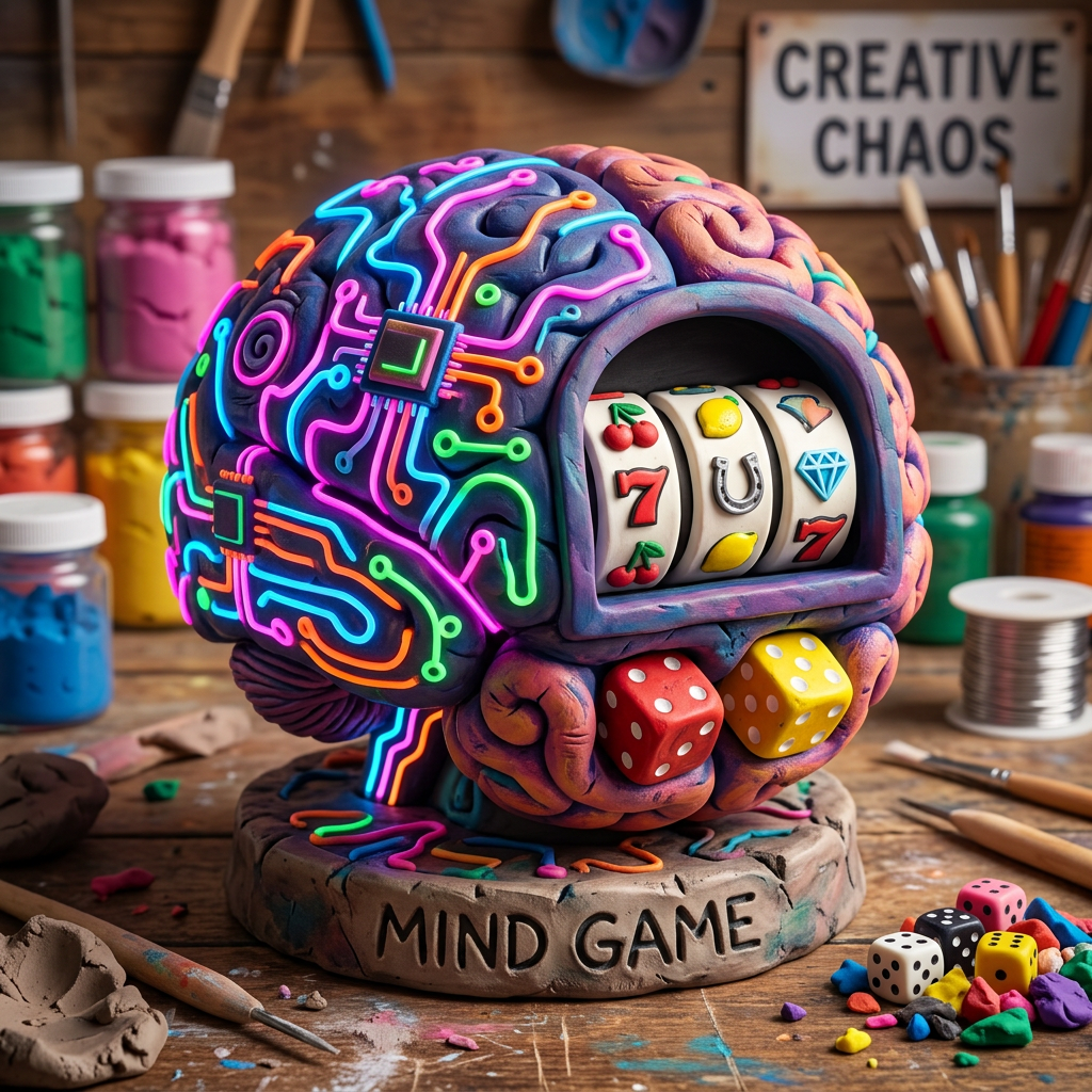 Brain sculpture with neon circuit patterns and slot machine reels