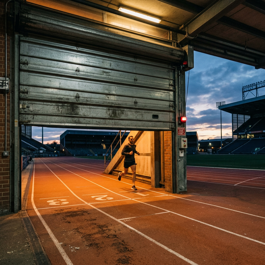 Runner entering stadium track through a partially open gate at dusk