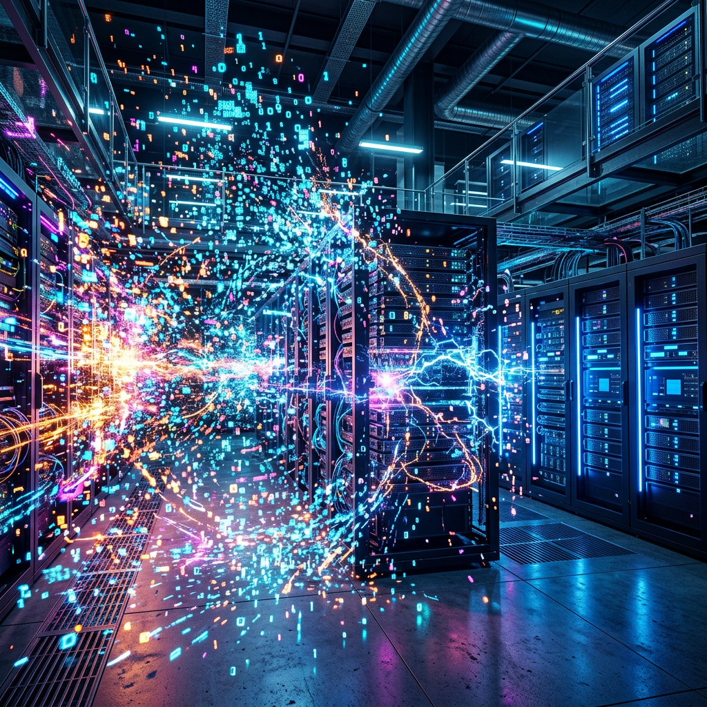 Server racks with floating digital data streams representing data flow and connectivity