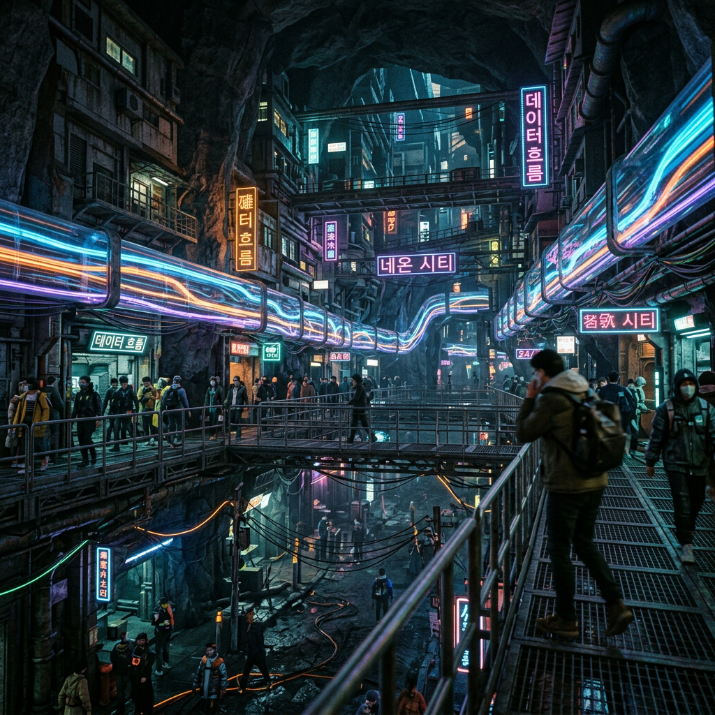 Crowded underground city with neon signs, glowing tubes, and people walking on metal walkways