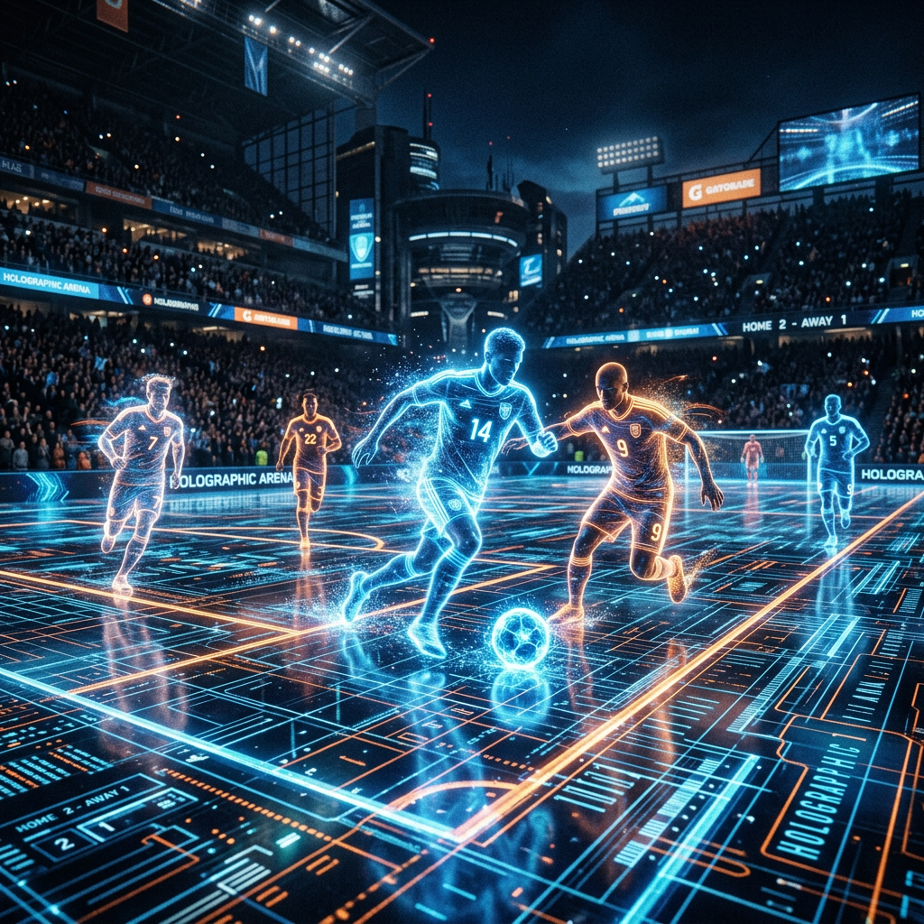 Holographic soccer players on glowing high-tech field in stadium