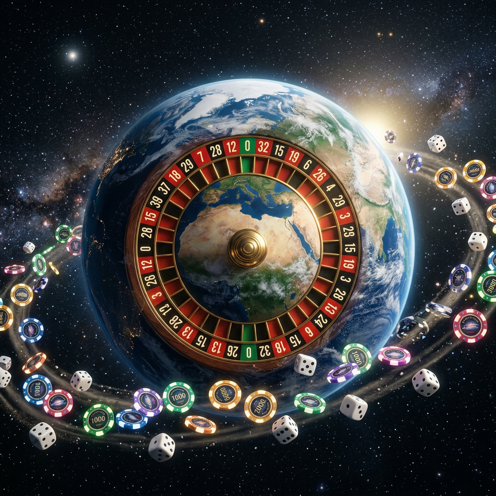 Earth with a roulette wheel overlay surrounded by floating dice and casino chips in space