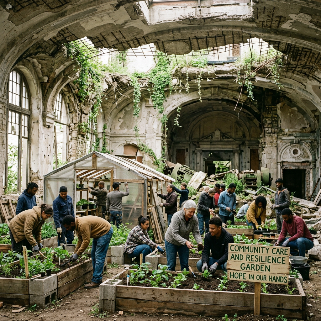 Diverse group of people gardening in raised beds within a dilapidated building