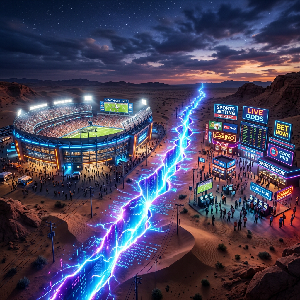 Illuminated stadium and digital betting hub connected by glowing blue data stream in desert night