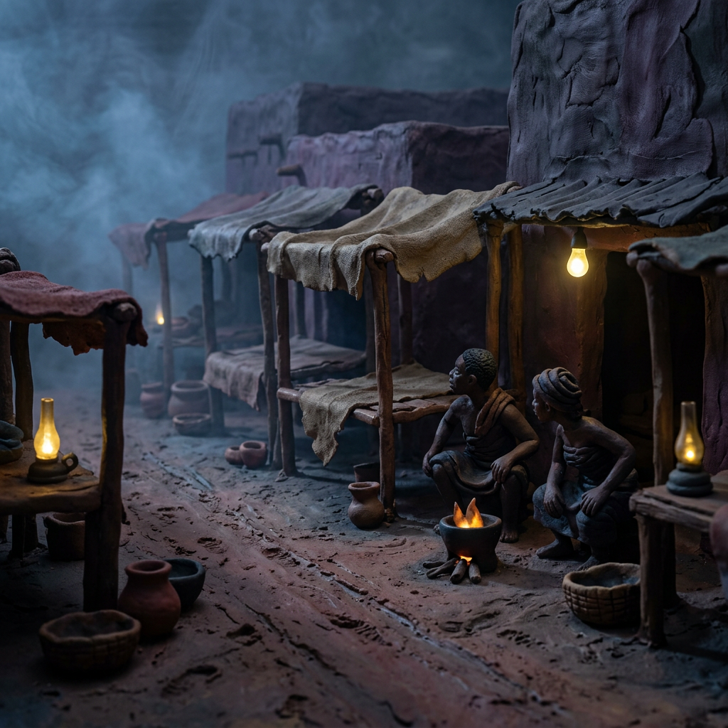 Miniature street scene with two figures crouched by a small fire near cloth-covered wooden stalls and clay pots.