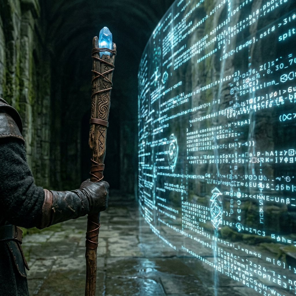 Person holding a wooden staff with a glowing blue crystal in front of a curved digital screen with glowing code symbols.