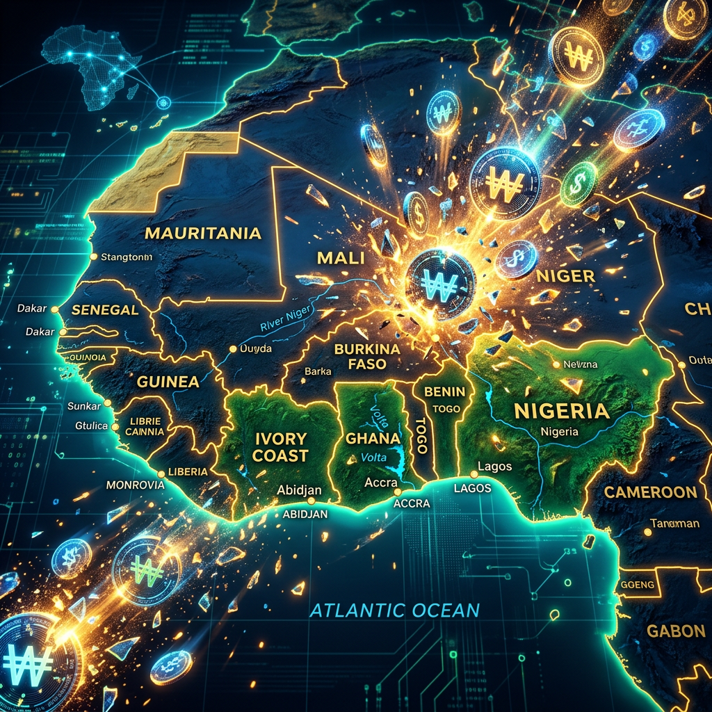 Map of West Africa with digital currency symbols moving across countries