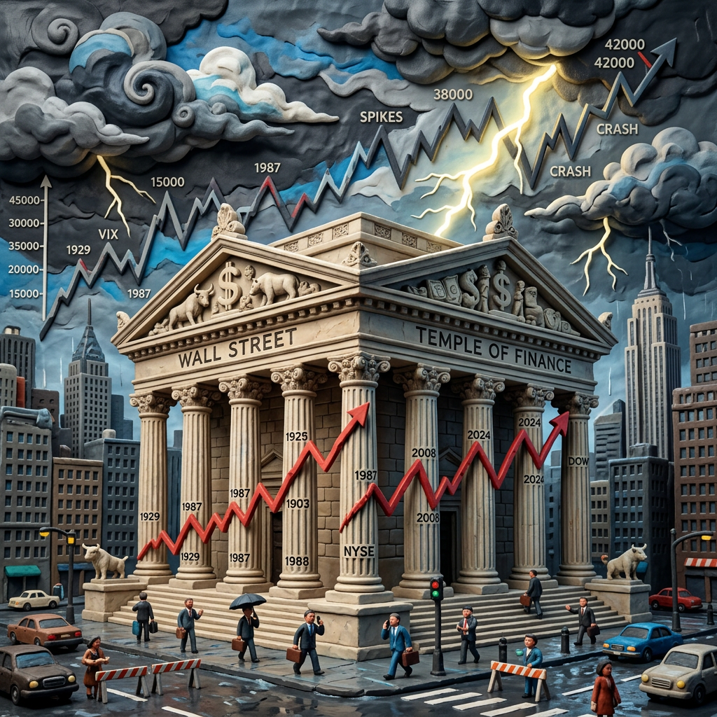 Wall Street temple with fluctuating stock market charts and stormy clouds