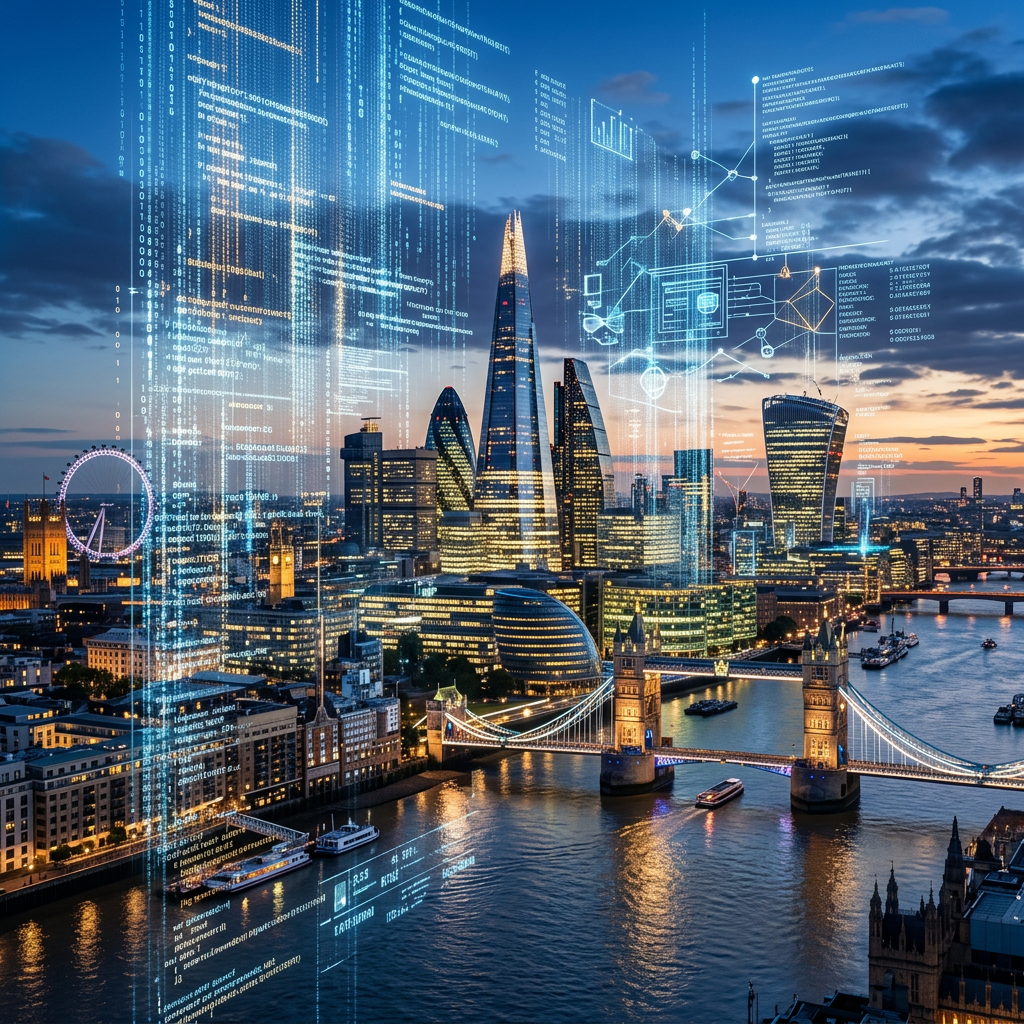 Evening view of London skyline with illuminated buildings and digital data graphics overlay